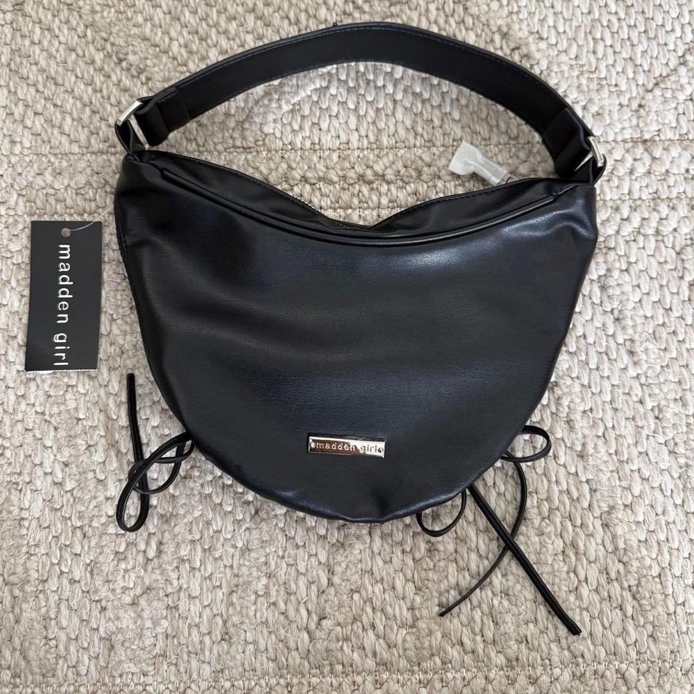 Madden Girl NWT Black Crescent Shoulder Bag Bow Detail Faux Leather Handbag